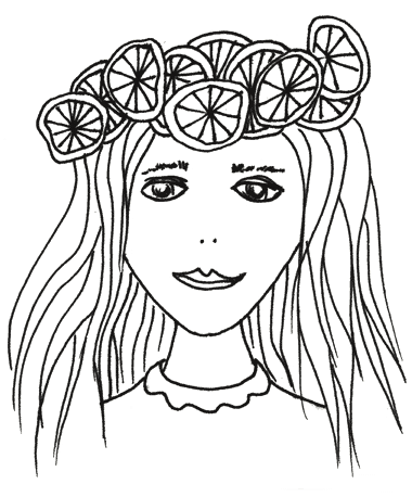 Schwarz Weiß Zeichnung Maedchen mit Zitronen im Haar. Uta Krauss.