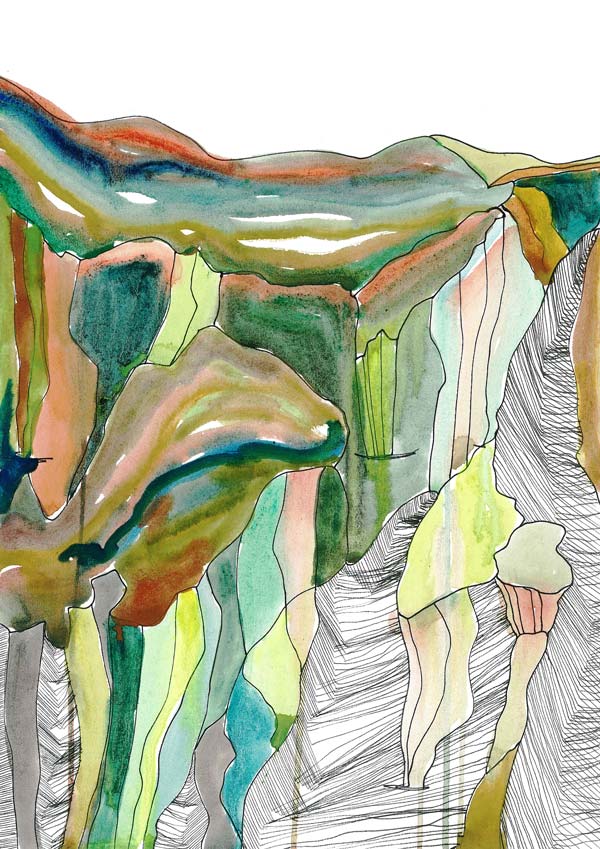 Earthy green, orange and blue tones mixed with dark thin lines, that form mountain like shapes on white background. By Uta Krauss.