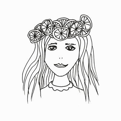 Schwarz Weiß Zeichnung Maedchen mit Zitronen im Haar. Uta Krauss.